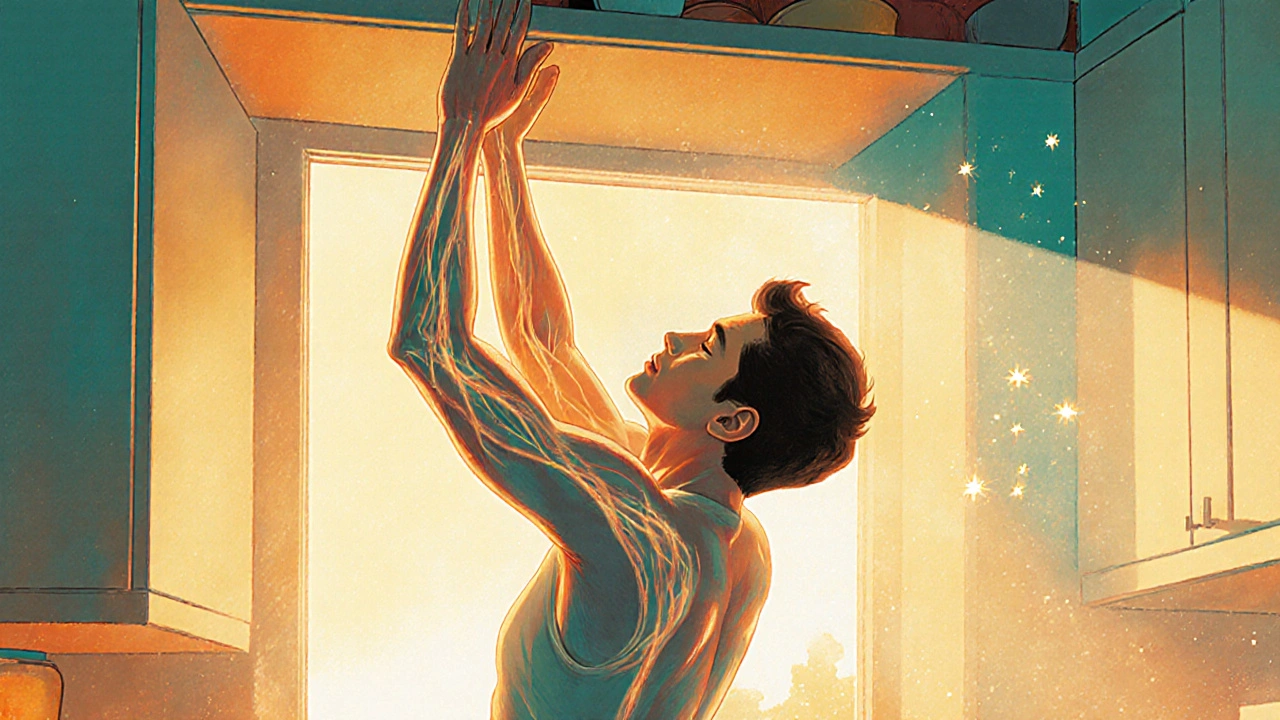 Person reaching for a high shelf, appearing relaxed and mobile after therapy.