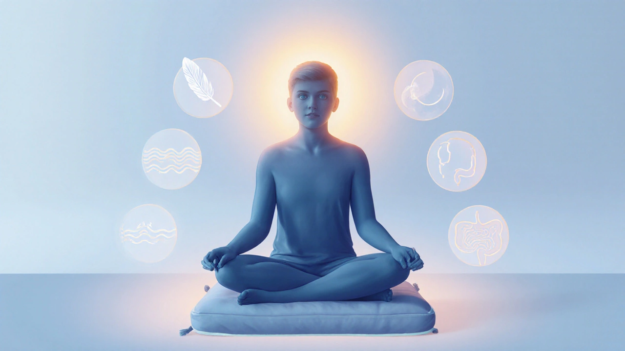 Person seated peacefully with a warm halo, surrounded by subtle icons representing headache relief, better sleep, stress reduction, and digestive health.