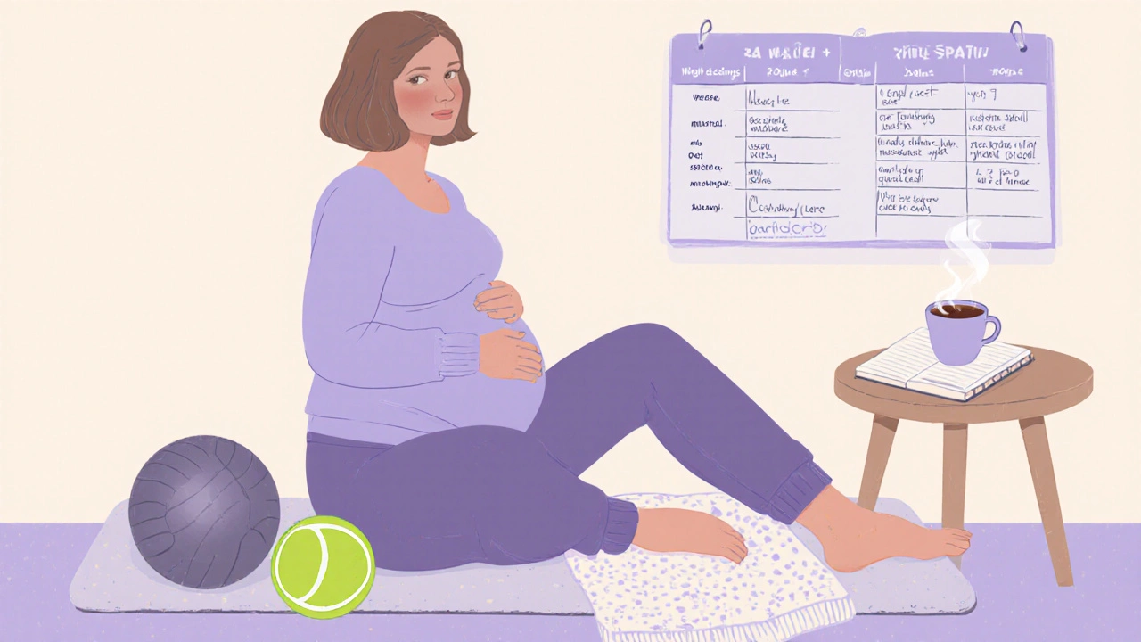 Pregnant woman doing DIY self‑massage at home with a tennis ball and roller.