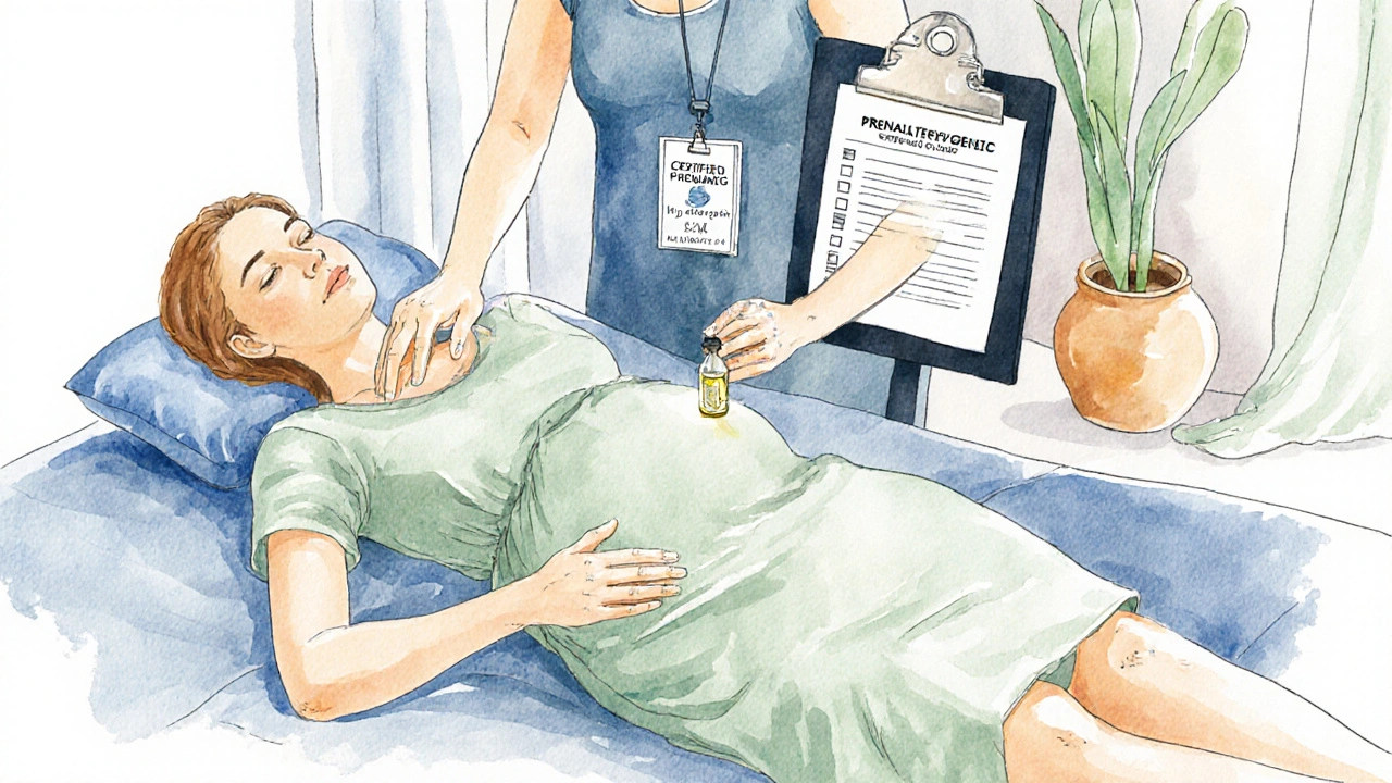 Prenatal massage clinic showing a therapist with certification and safety checklist.