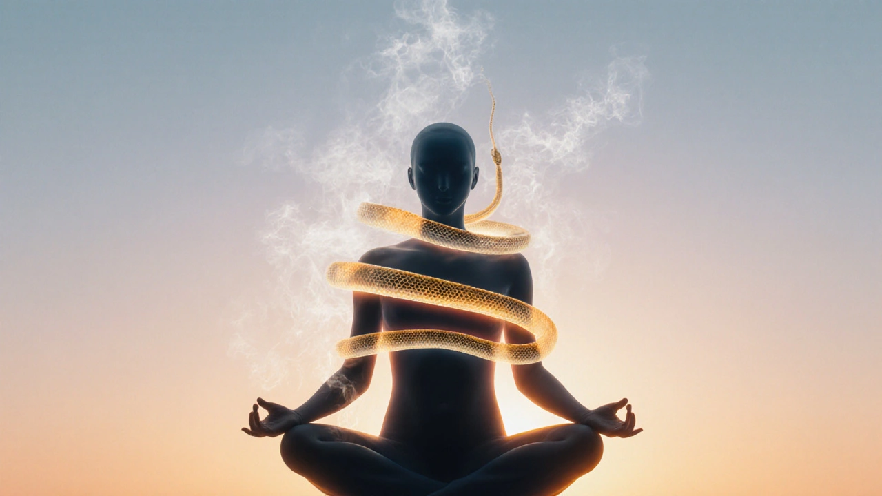 Silhouetted person meditating with a glowing snake and aromatic vapor surrounding them.