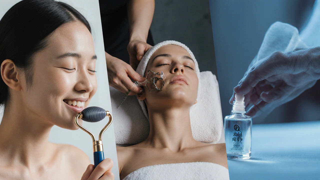 Split-screen of home snail massage, spa facial, and serum‑only application side by side.