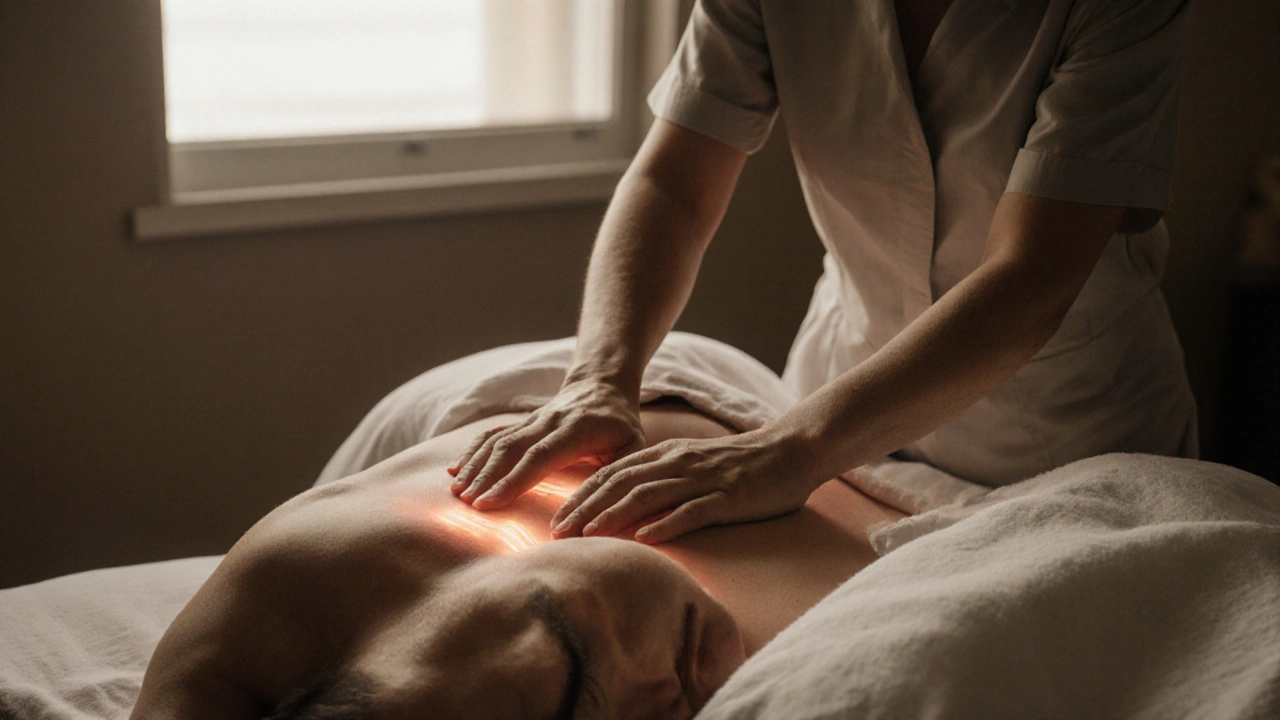 Therapist applying gentle sustained pressure on a client’s back in a dimly lit therapy room.