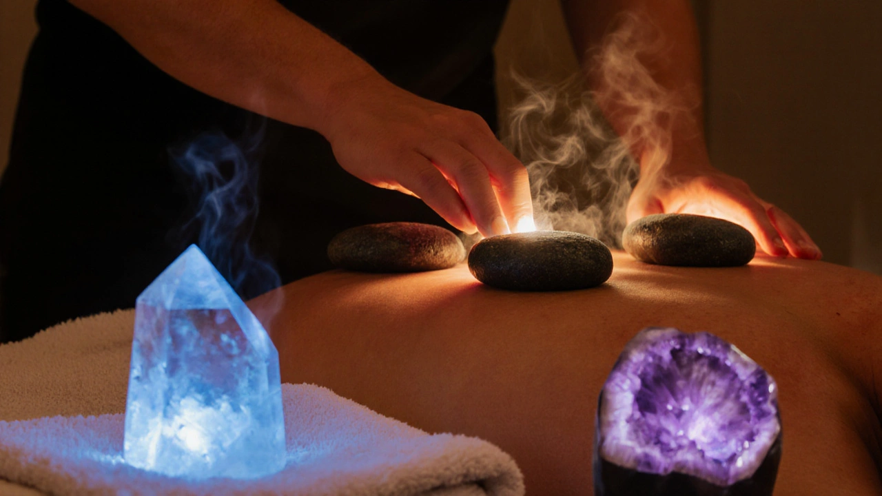 Therapist using hot basalt stone, cold quartz stone, and amethyst crystal on a client’s back.