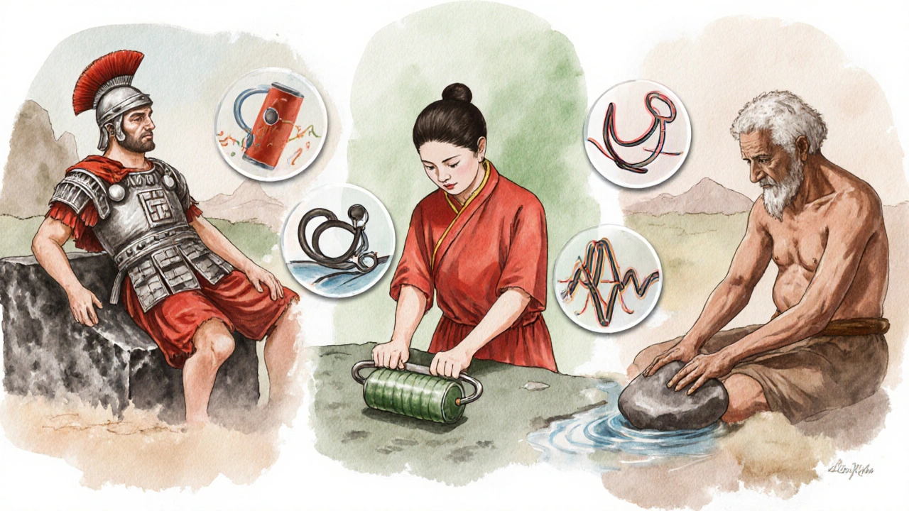 Watercolor collage of Roman, Chinese, and Indigenous stone therapy with scientific benefit icons.