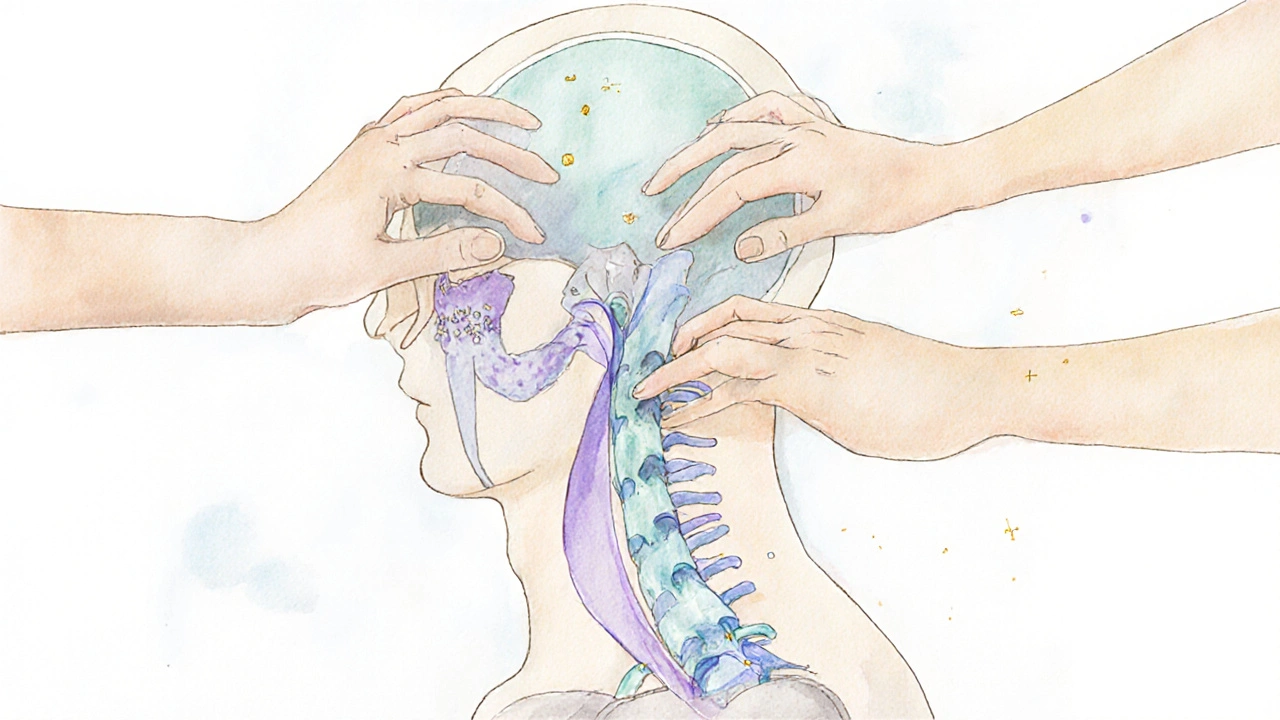Watercolor illustration showing a transparent body with fluid ribbons flowing through the skull, spine, and sacrum, touched by therapist's hands.