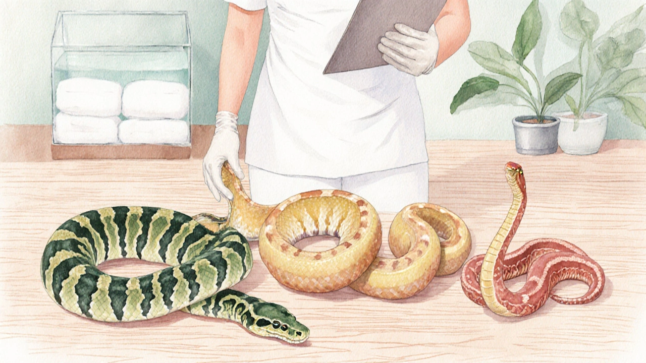 Watercolor of three spa snakes and a therapist demonstrating safety protocols.