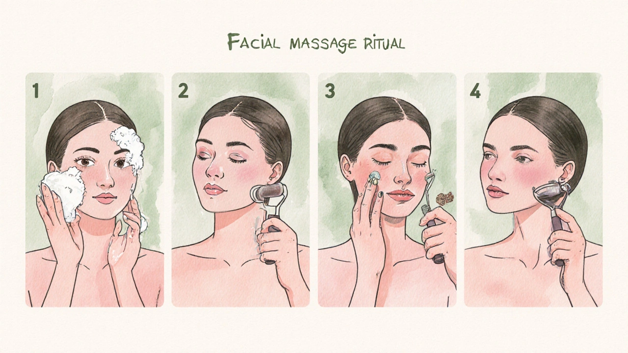 Watercolor panels showing cleanse, serum application, silicone roller strokes, and neck massage.