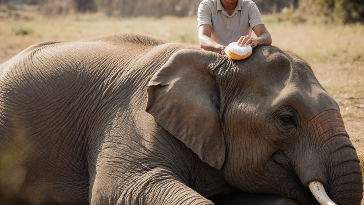 A captive elephant lying down in relaxation as a caregiver applies soothing oil to its side.