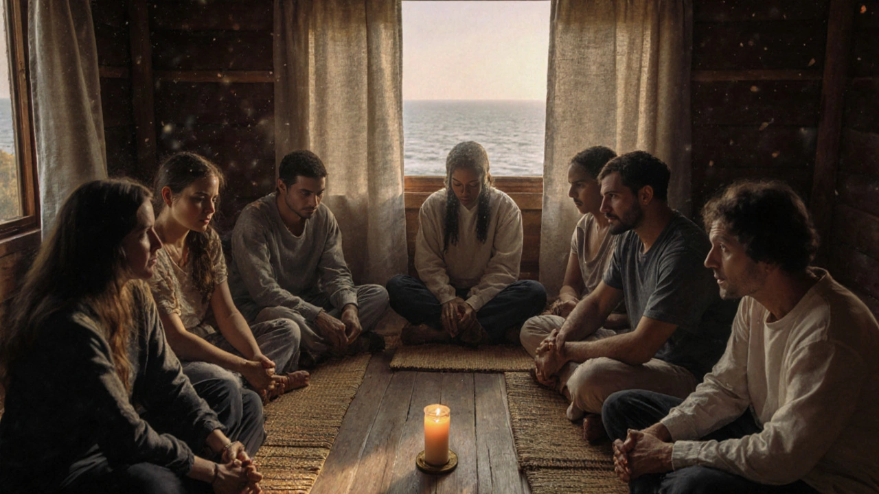 A circle of people in a wooden cabin, sharing silent, emotional connection during an encounter group.