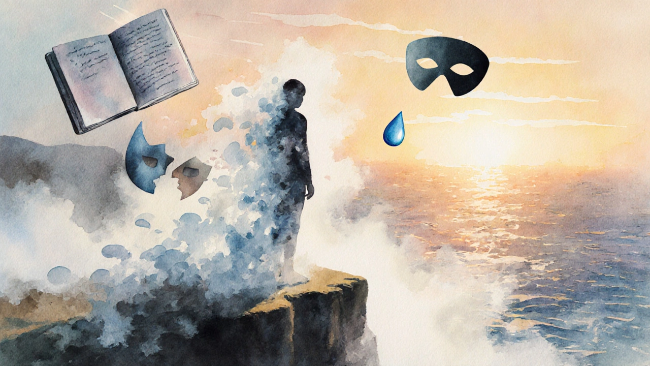 A figure dissolving into mist at a cliff’s edge, symbolizing inner transformation and letting go of old identities.