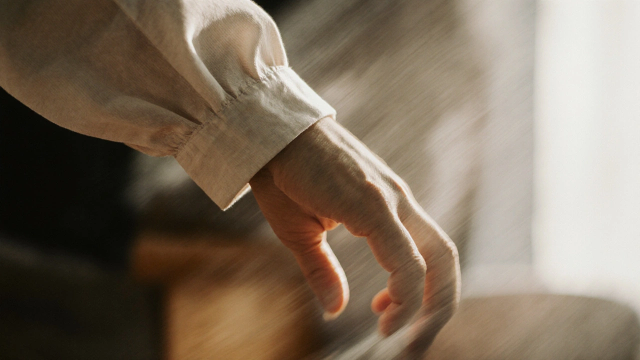 A hand swinging loosely like a pendulum in a quiet chair, moved by gravity, not muscle effort.