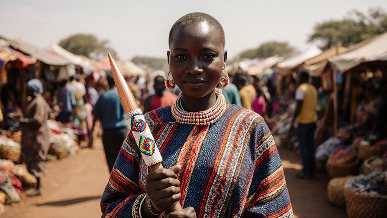 A Maasai woman standing confidently at a market, holding a beaded ng’ombe rungu with quiet strength.