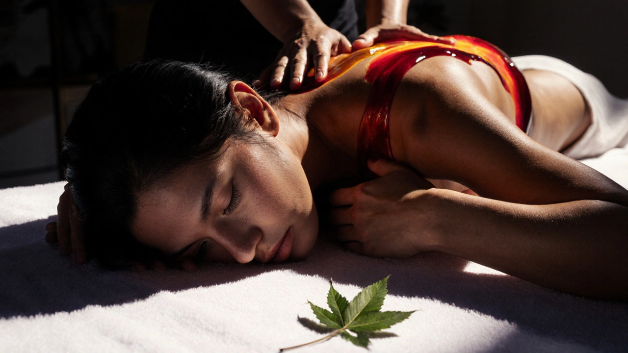 A person crying gently during a lomi lomi massage, tears on cheeks as therapist&#039;s hands move rhythmically along the back.