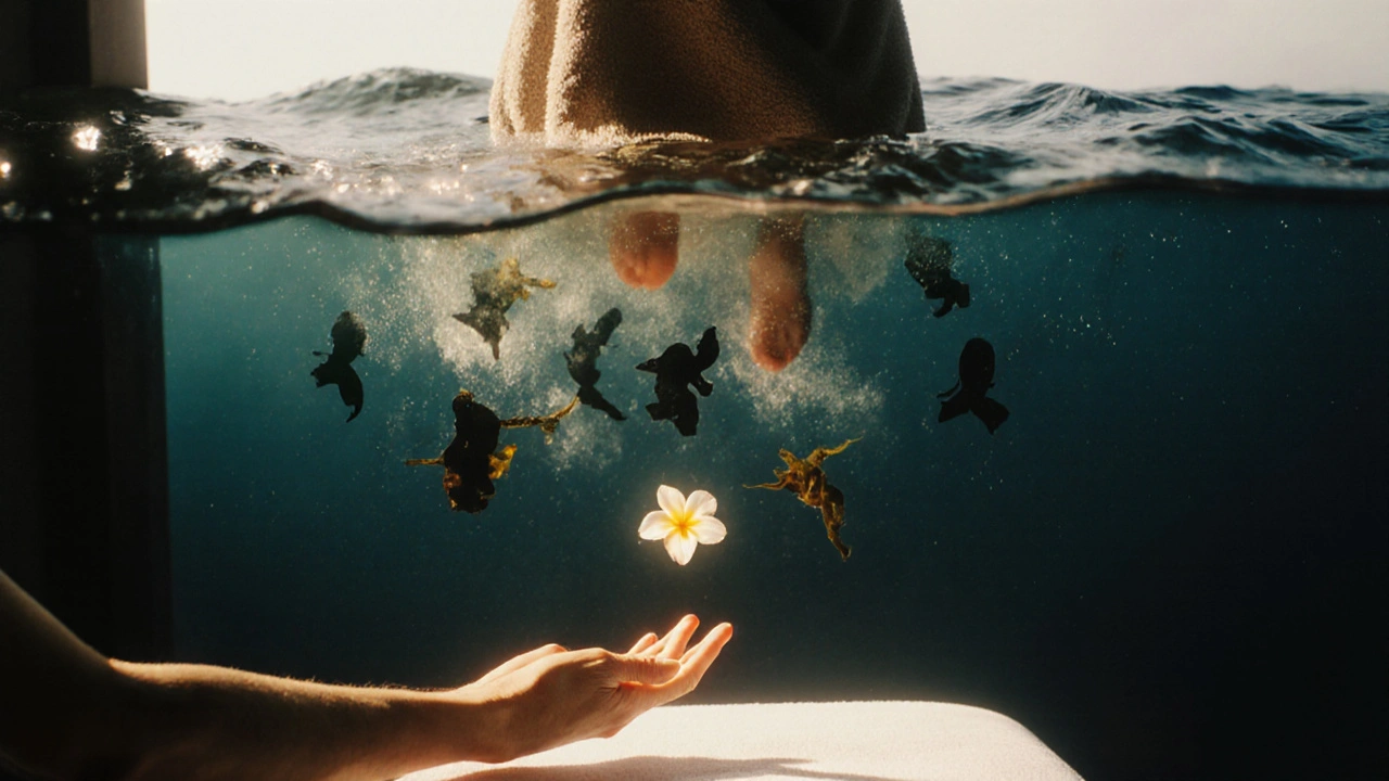A person floats above a massage table as waves of light carry away shadows, symbolizing emotional release.