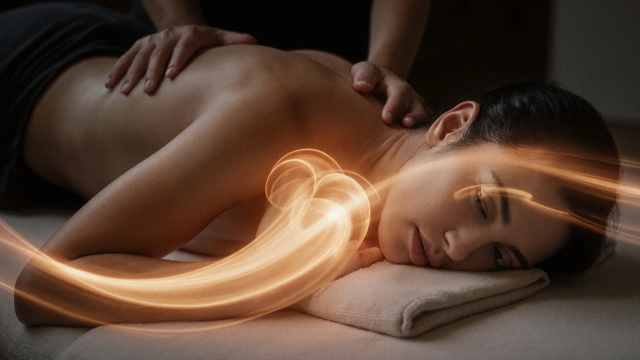 A person in quiet release during lomi lomi, with warm light radiating from their body as tension dissolves.