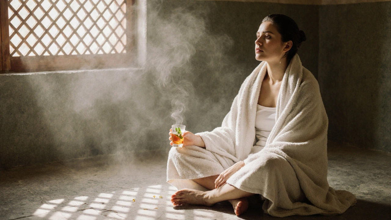 A person relaxes after a hammam, holding mint tea in a quiet room, steam fading as morning light filters through lattice windows.