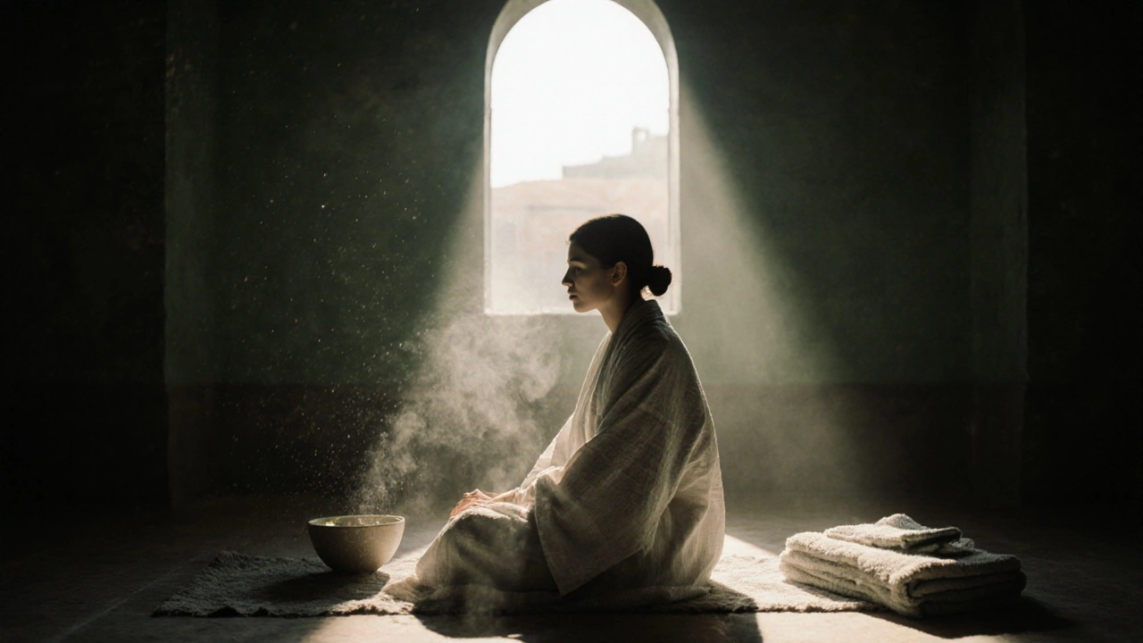 A person resting in a quiet hammam cooling room, steam rising, sunlight filtering through stone arches.