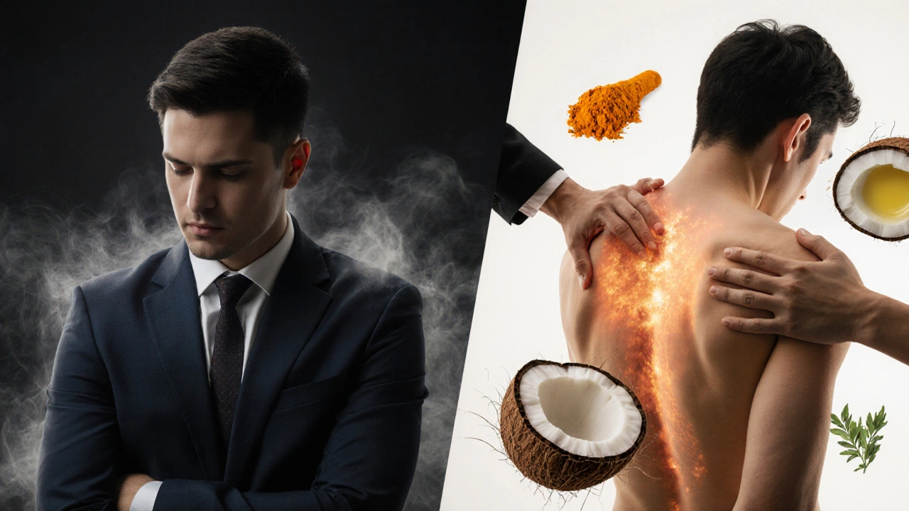 A person transformed from stress to calm after hilot, with herbal elements floating around them symbolizing healing.