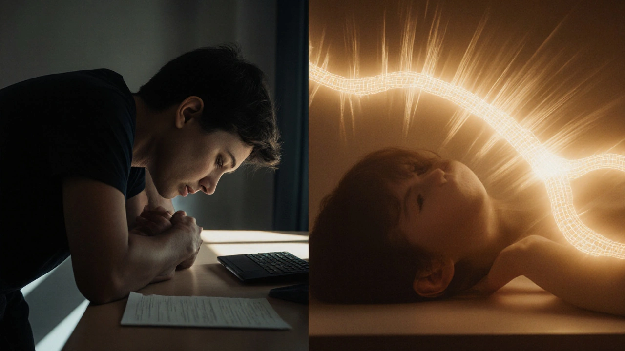 A person transitioning from stress at a desk to deep relaxation during therapy, symbolizing nervous system reset.