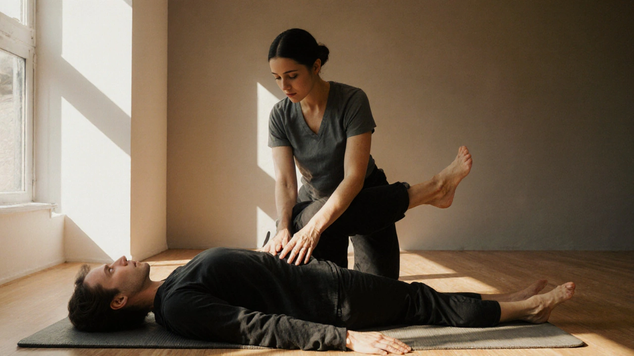 A practitioner gently supports a client&#039;s legs during a Breema session on a bare mat.