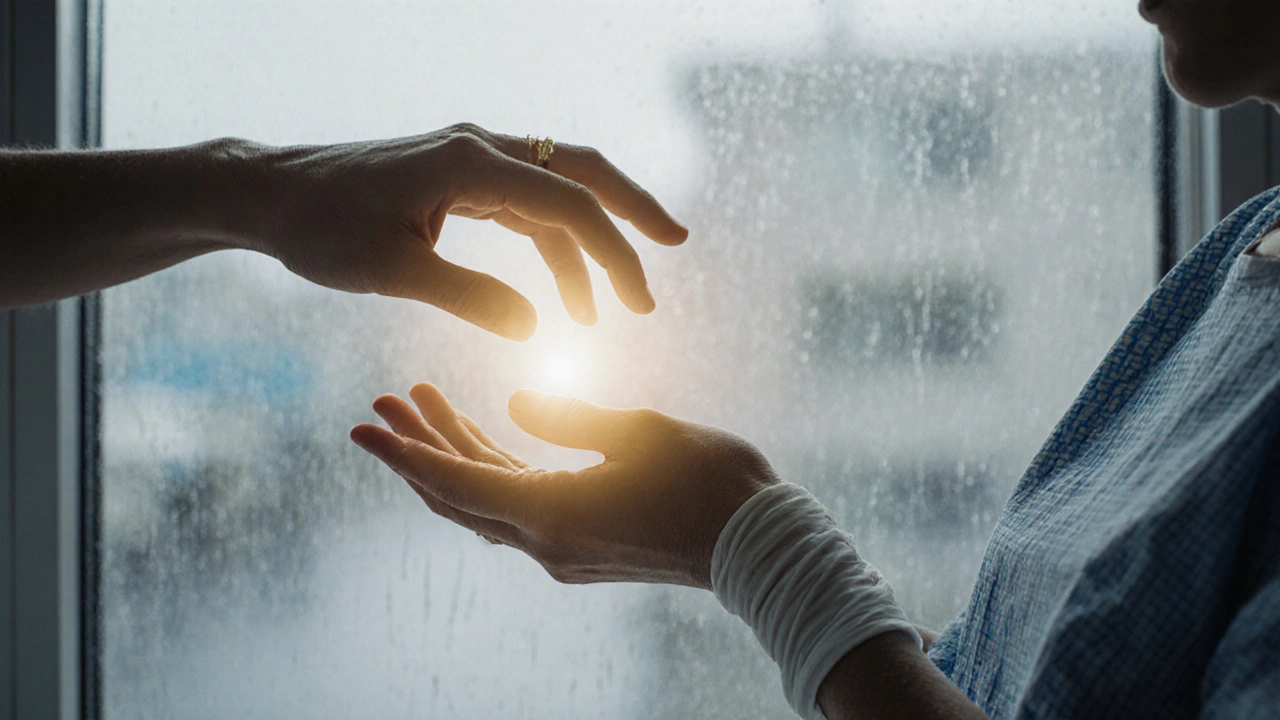 A practitioner’s hands hover near a patient’s hand, with subtle light suggesting energy balance.