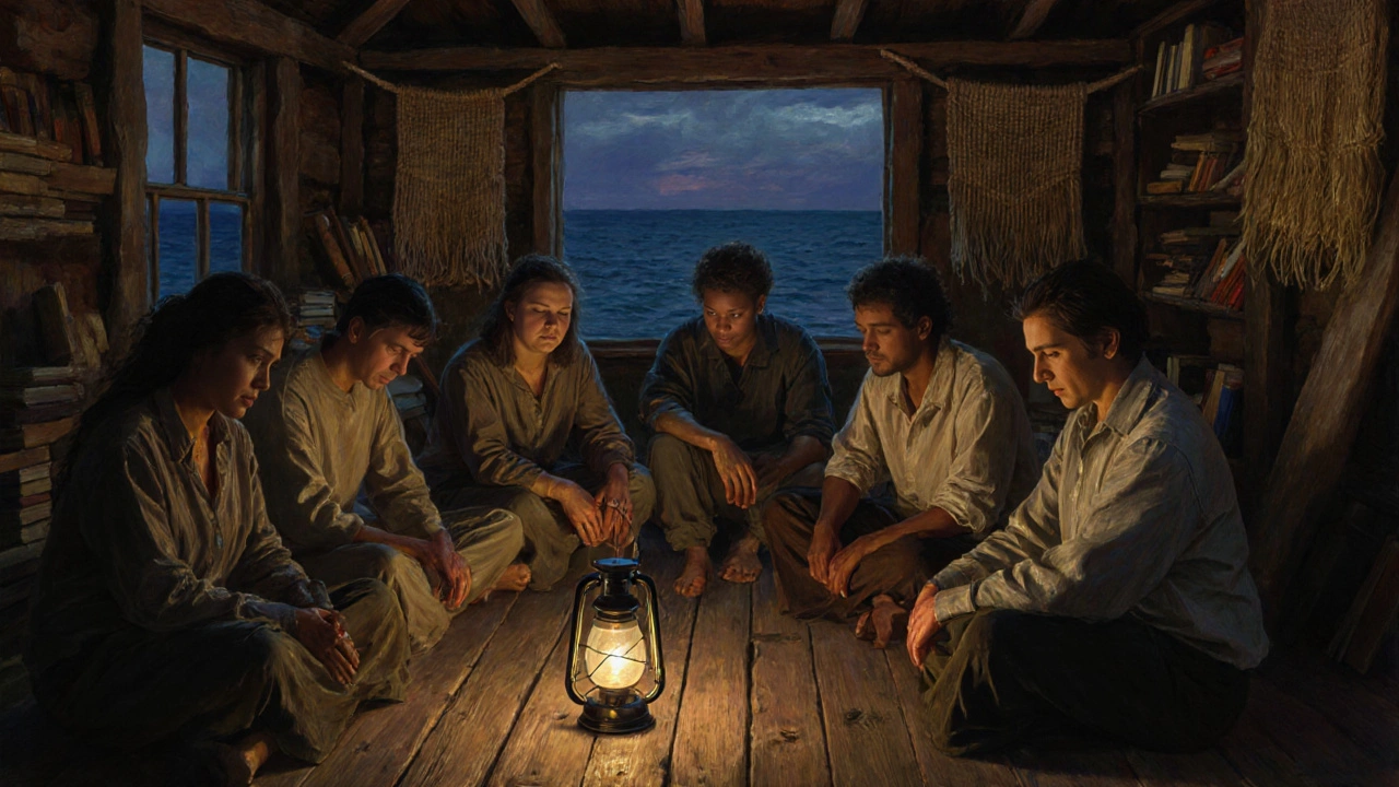 A quiet circle of diverse people sit in silent reflection during a workshop, soft light illuminating their emotional stillness.