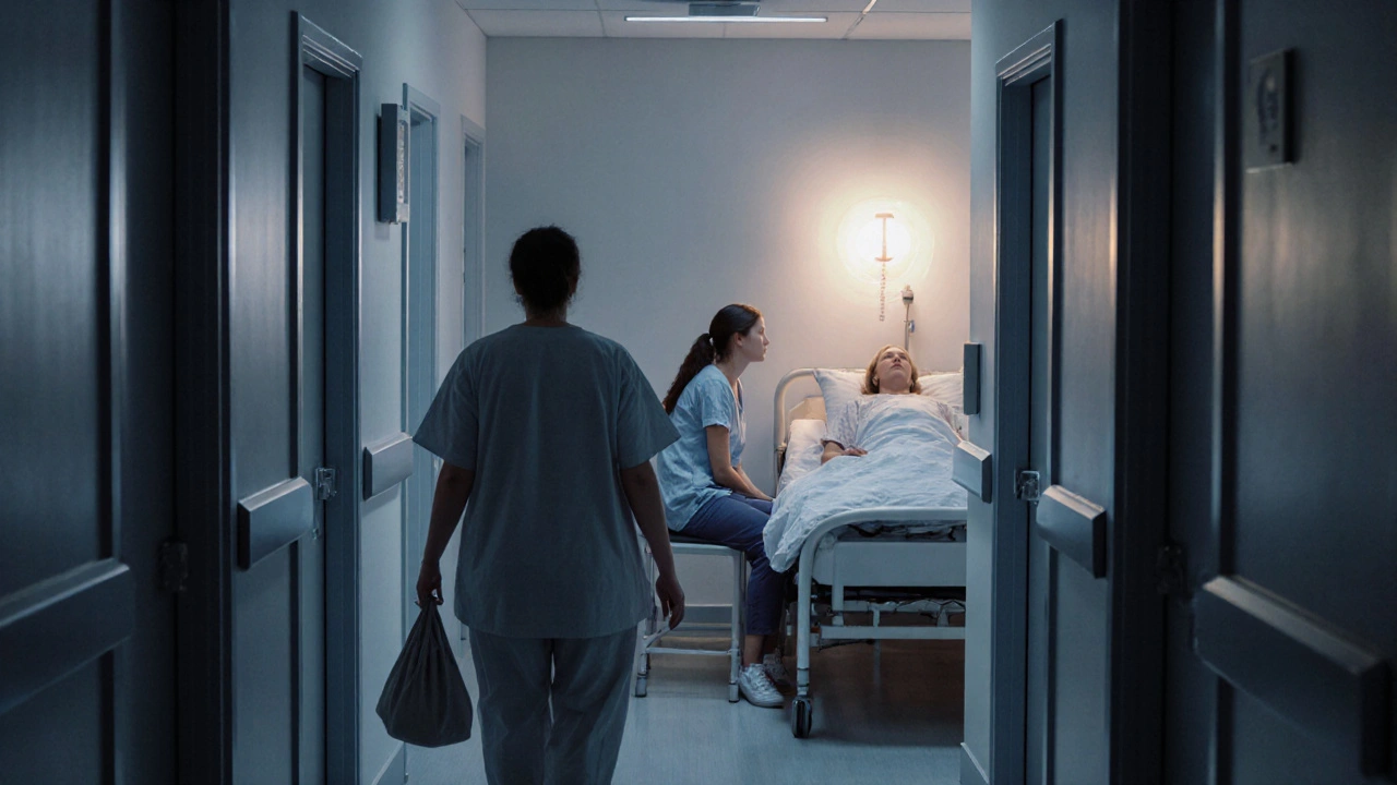 A Reiki volunteer walks down a palliative care corridor as a daughter relaxes beside her sleeping mother.