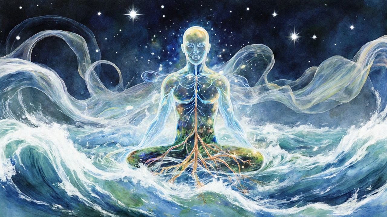 A silhouette surrounded by dissolving emotional energy flowing like ocean waves, symbolizing deep bodily release and reconnection.