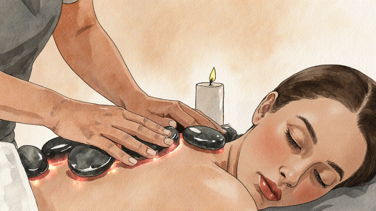 A therapist gently moving smooth heated stones along a client&#039;s back during a stone therapy session, with soft lighting and earthy tones.