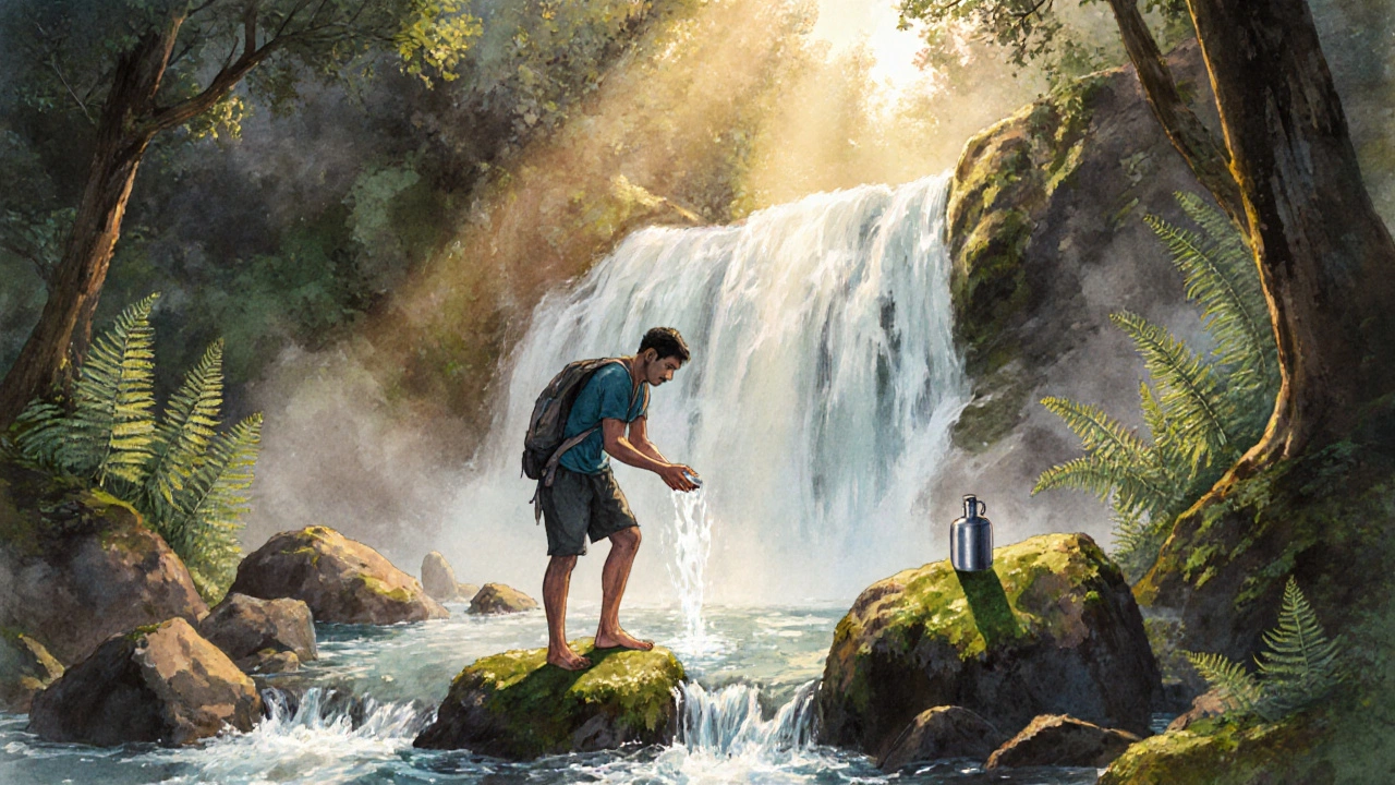 A traveler respectfully bathing under the Chhota Amrit waterfall at sunrise.