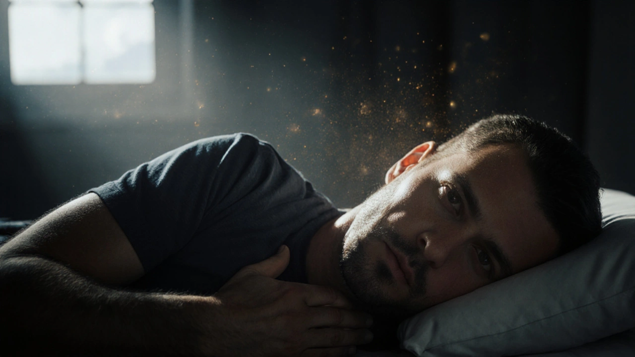 A veteran sleeping peacefully during craniosacral therapy, tears on his cheeks, with soft moonlight illuminating the scene.