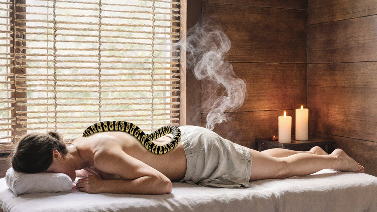 A woman relaxed on a heated table in a quiet Balinese studio, a snake slithering along her spine under soft candlelight.