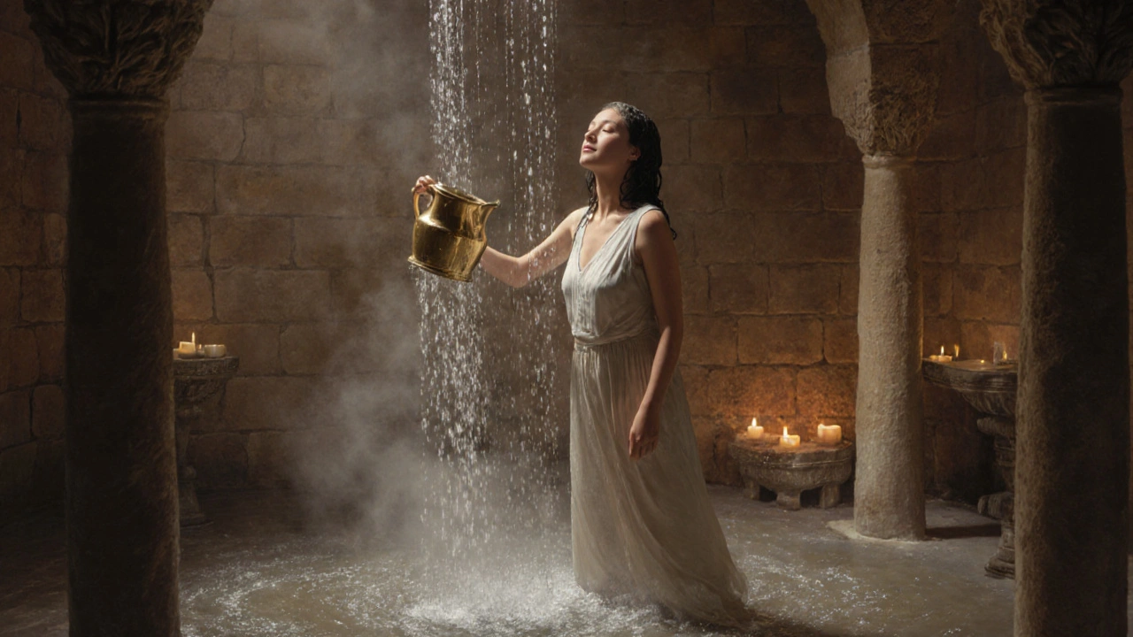 A woman rinses under cold water in a hammam, steam rising as sludge swirls at her feet.