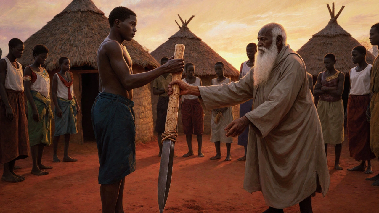 A young Kikuyu man receiving his first rungu from an elder during a dawn initiation ceremony.