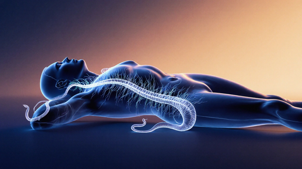 Abstract silhouette with snake-like energy lines flowing over the body, symbolizing deep calm and mental release.