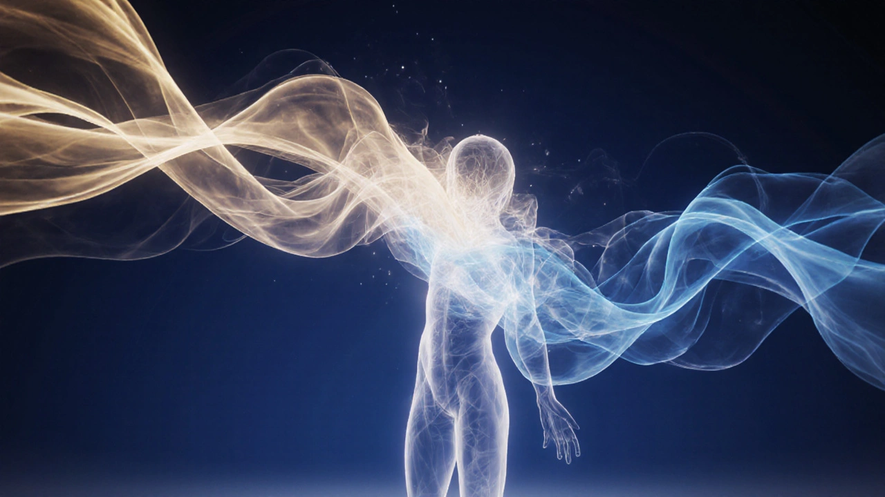 An abstract figure dissolving into flowing waves of light, symbolizing the release of bodily tension and calm.