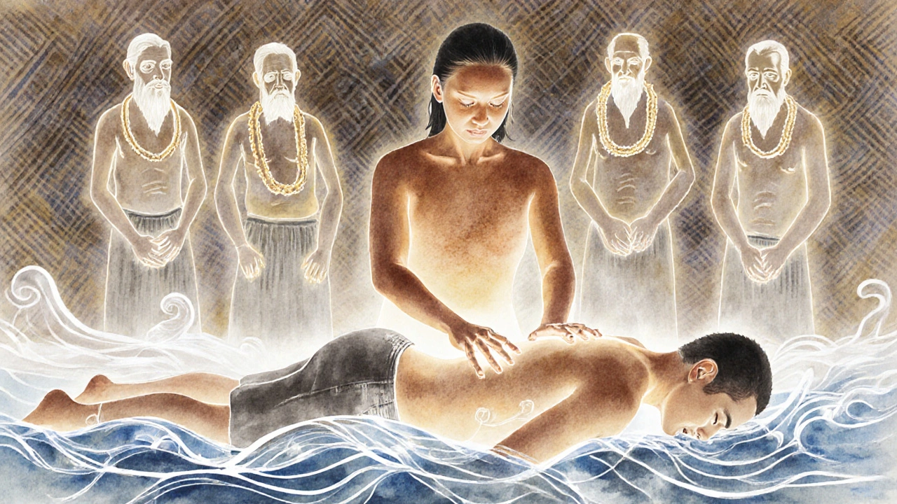 An artist&#039;s watercolor depiction of a Hawaiian healer with ancestral spirits guiding the massage flow.