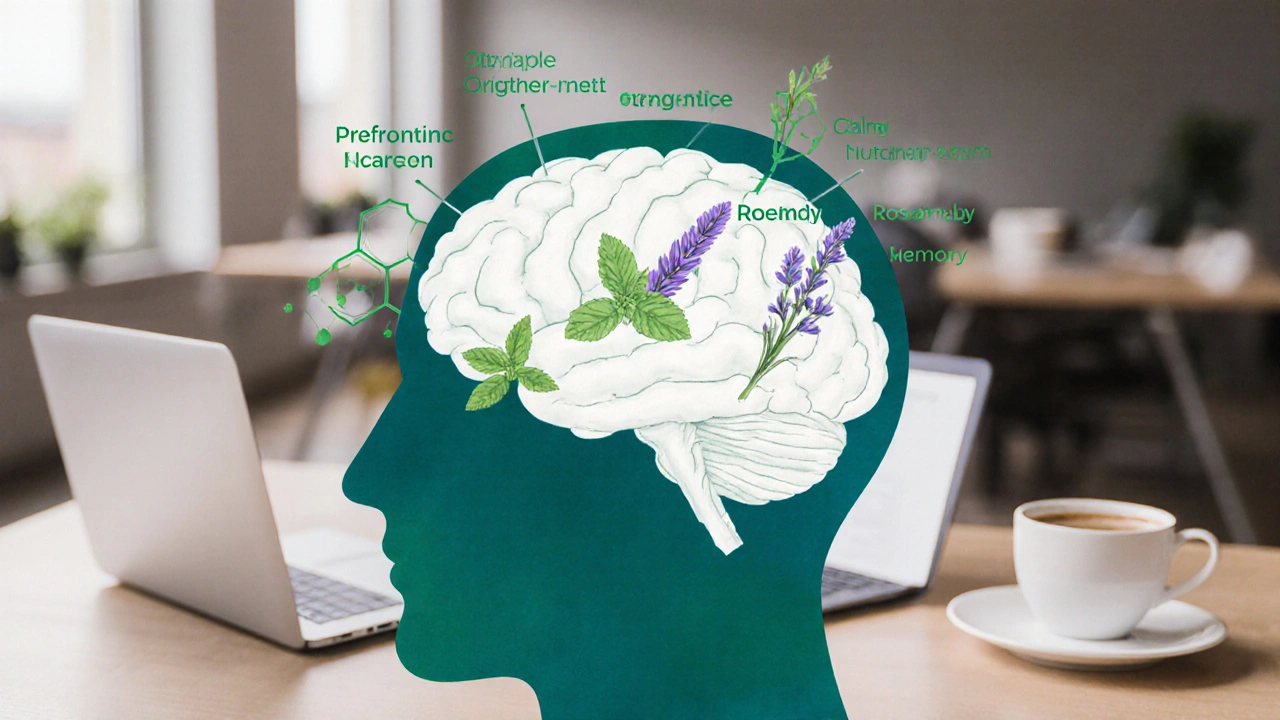 An artistic brain illustration showing scent molecules enhancing focus, memory, and stress reduction areas.