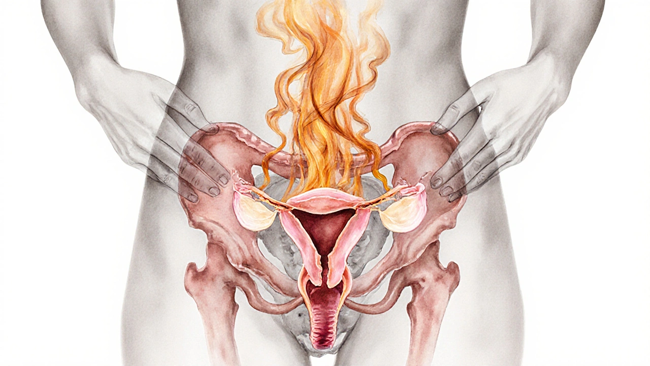 An artistic cross-section of female pelvic organs being gently realigned by flowing hands, with warm light indicating improved circulation.
