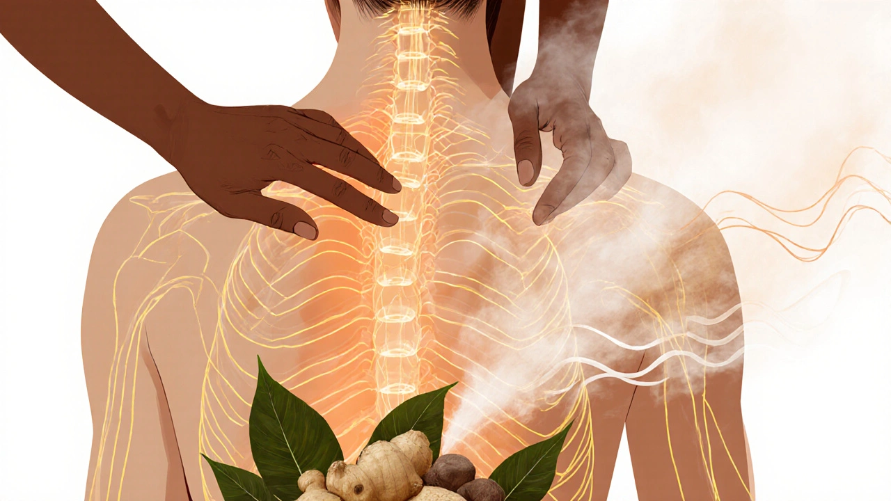 An artistic representation of energy flow and pressure points during hilot, with herbal steam and synchronized breathing.