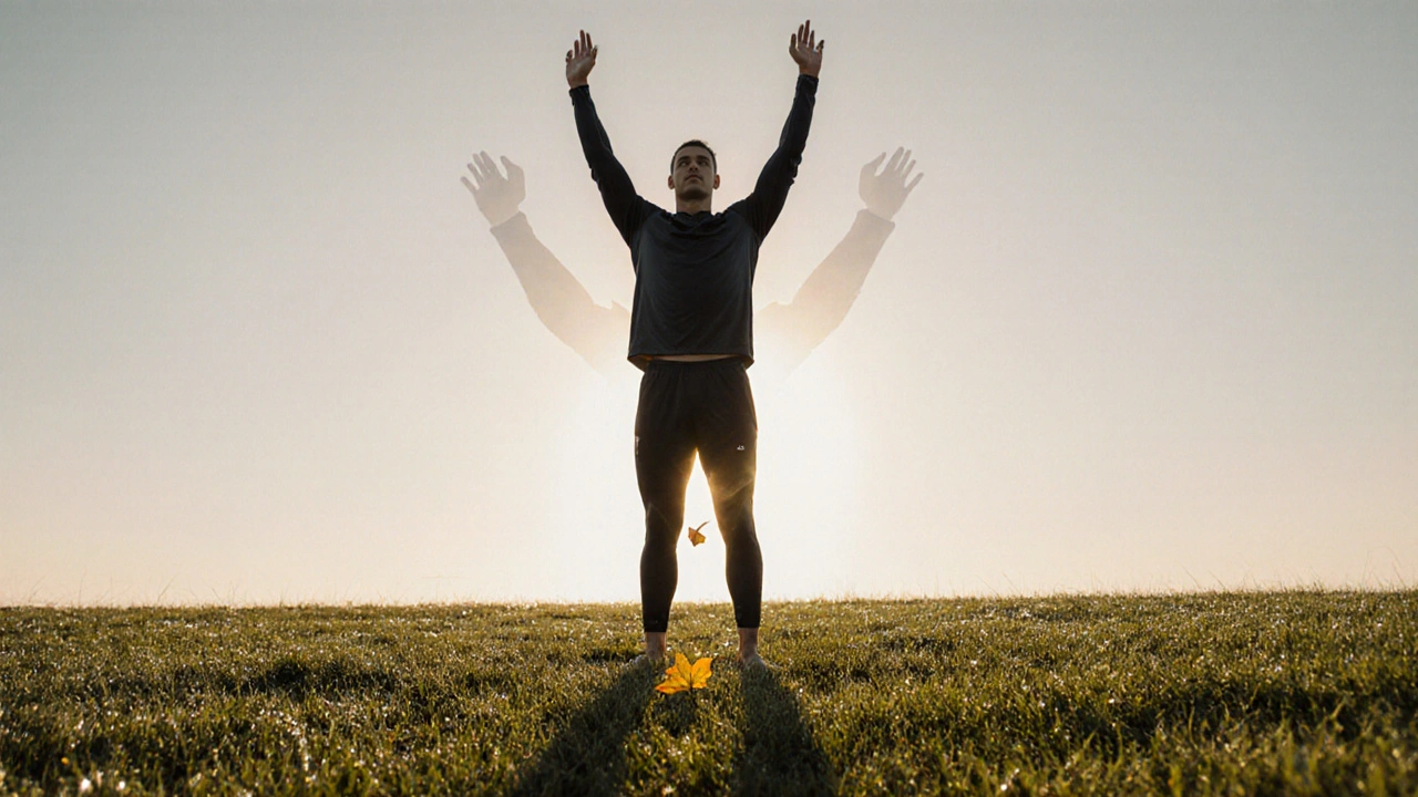 An athlete standing barefoot on grass at sunrise, arms raised in freedom, symbolizing release from past injury.
