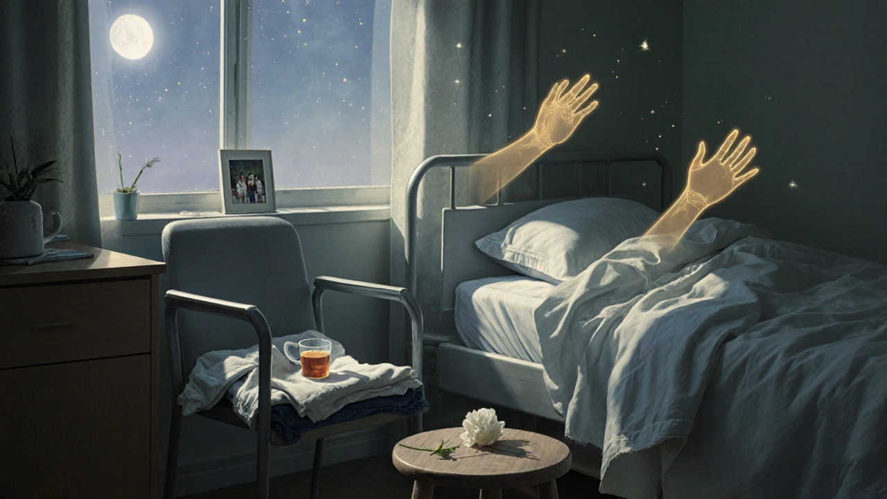 An empty hospital bed with faint glowing hands above it, symbolizing Reiki’s comforting presence.