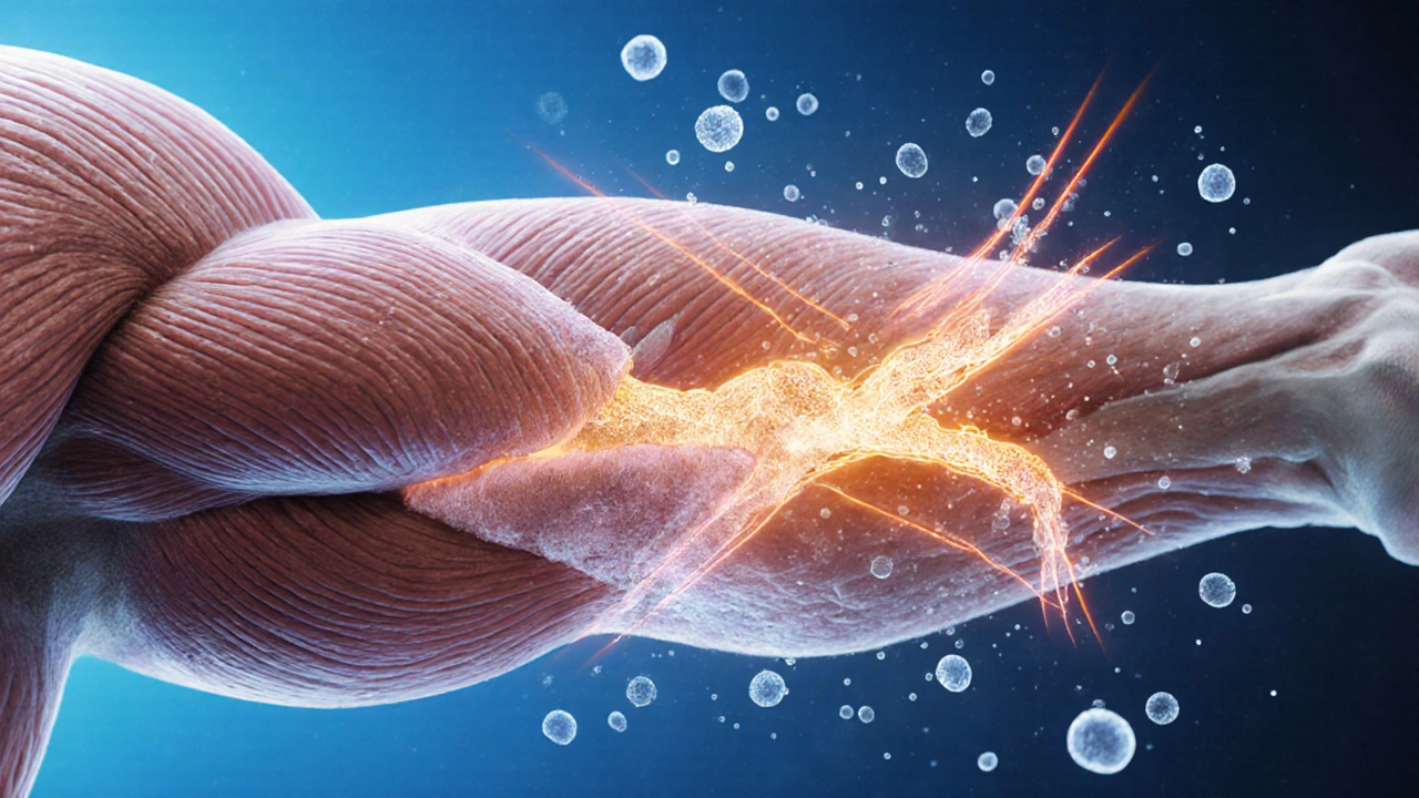 Anatomical illustration of muscle fibres with scar tissue breaking apart and new collagen forming.