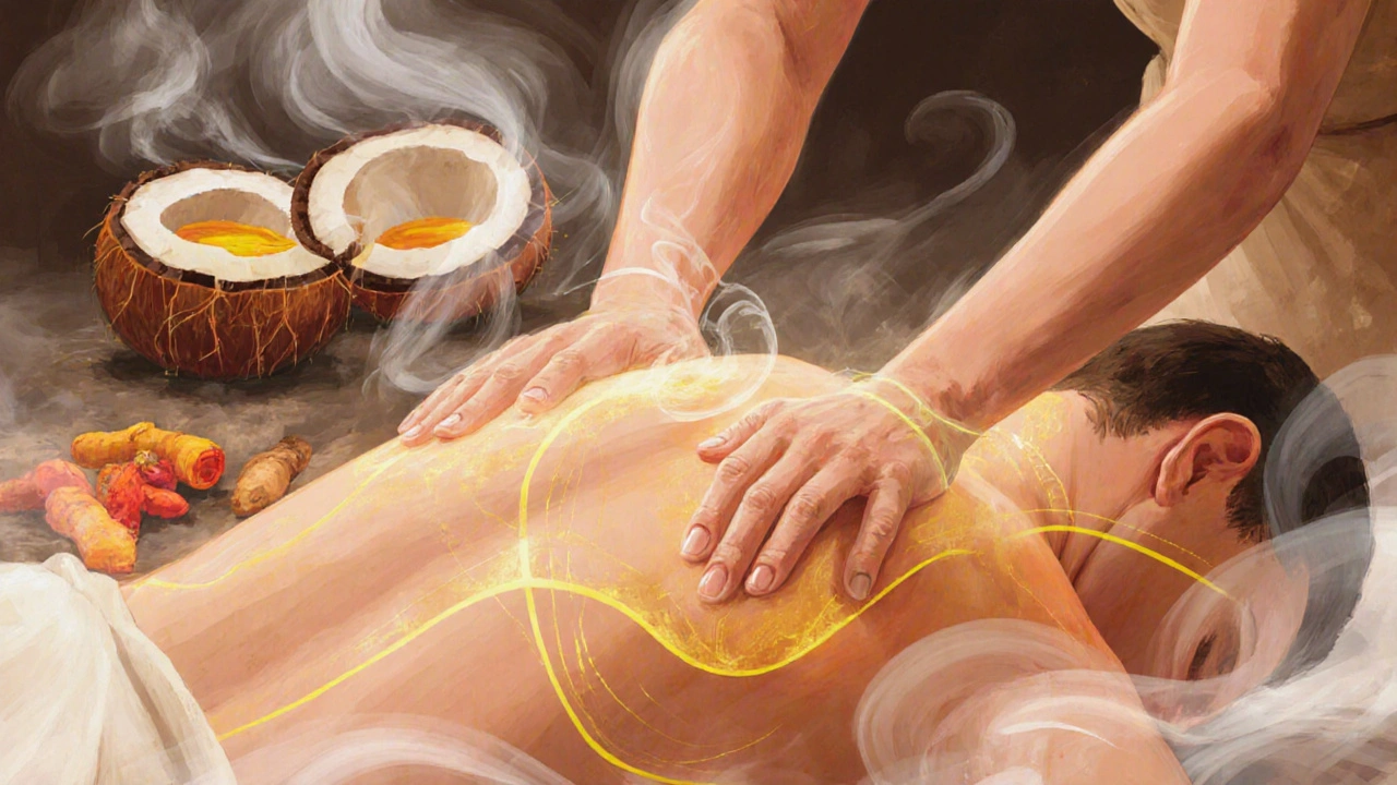 Artistic representation of energy flow during Balinese massage with glowing lines and aromatic oils swirling around the body.