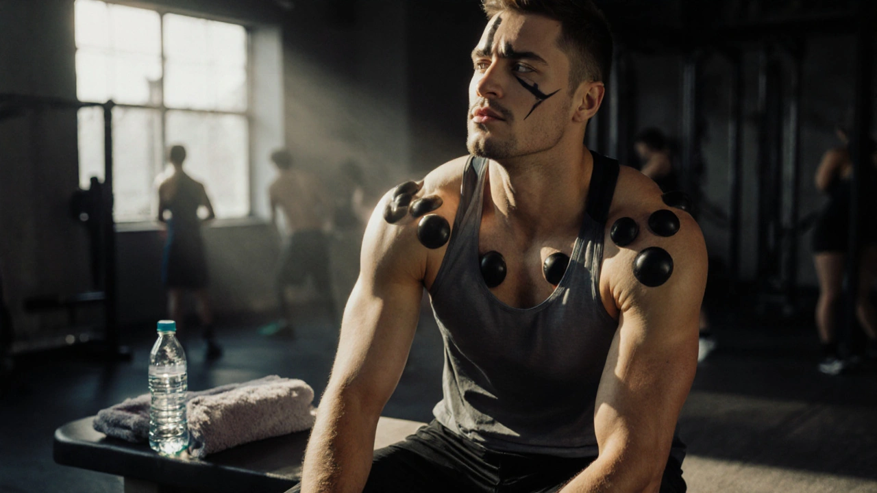 Athlete with visible cupping marks on shoulders, relaxing after training.