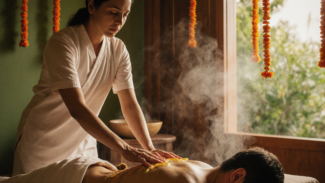 Ayurvedic practitioner giving a calming full-body oil massage with herbal steam in a peaceful spa environment.