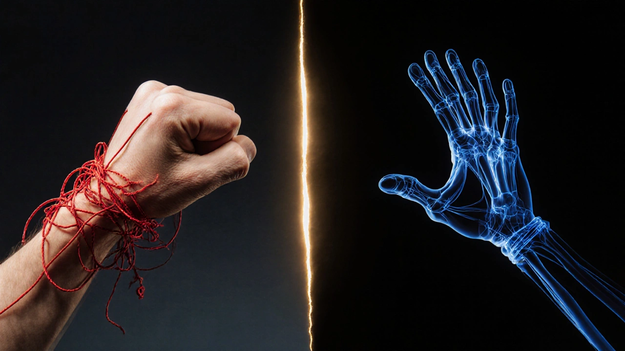 Before-and-after metaphor of restricted versus free tendon movement.