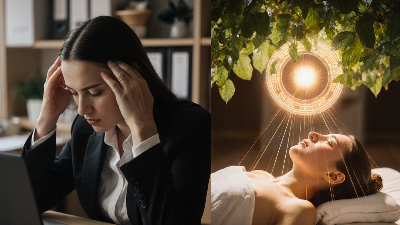 Before and after: stressed woman in office transformed into calm, glowing figure surrounded by healing oil and dosha energy.