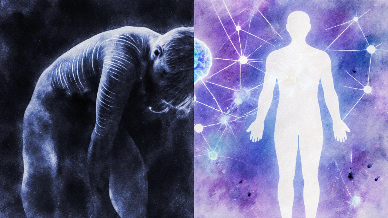 Before and after: tense body transforming into relaxed, aligned posture with neural connection.